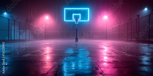 Pink Blue Glowing Neon Light, Basket On Basketball Field Scheme, Virtual Sport Playground, Sportive Game - A Basketball Hoop With Neon Lights