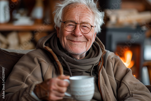 A man is smiling and holding a white cup. He is sitting in front of a fireplace. elderly man, sitting upright in an armchair. In the background is a chalet with fireplace or wood stove in a chalet