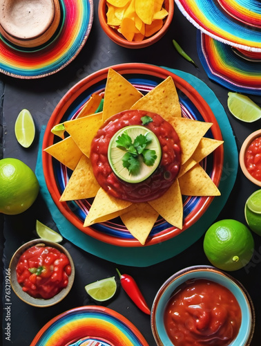 Photo Of Cincodemayo Celebration Concept, Top View Photo Of Nacho Chips Salsa Sauce Chilli Tequila With Salt Lime Sombrero Hats Colorful Serape photo