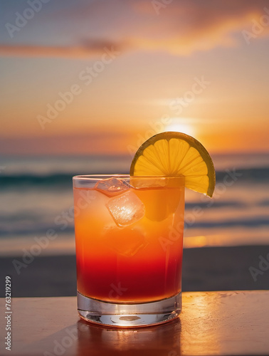 Photo Of A Tequila Sunrise Cocktail Placed On A Bar Counter, With A Beach And Sunset In The Background