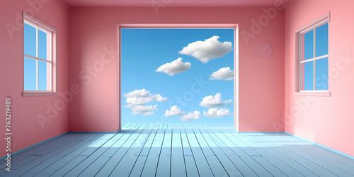 Abstract Peachy Background With White Clouds Fly Out Of The Geometric Frame, Optical Illusion - A Room With A Pink Wall And A Blue Sky