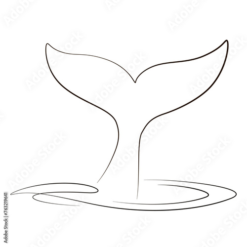 Whale tail line art. Continuous one line drawing whale. Hand drawn whale tail with ocean. Minimalist black line sketch on white. Vector illustration. Tail outline logo.