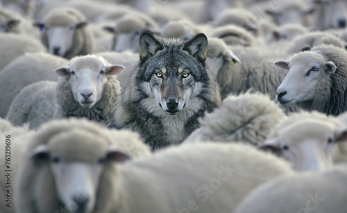 A lone wolf standing among a flock of sheep, highlighting the contrast between the two. photo