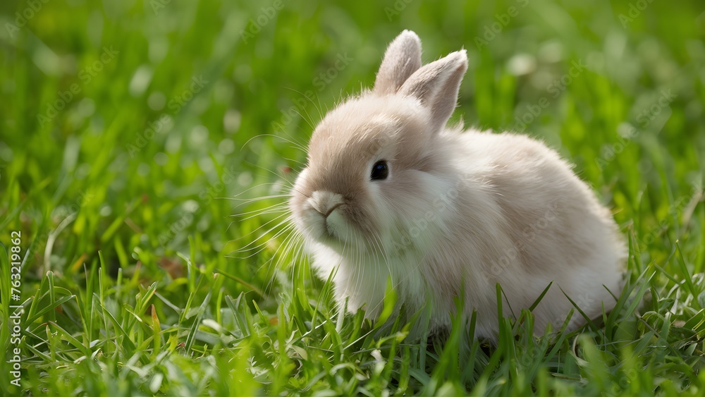 Fluffy Easter Bunny frolicking in a field of green grass Fluffy Easter Bunny frolicking in a field of green grass