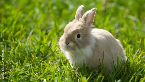 Fluffy Easter Bunny frolicking in a field of green grass