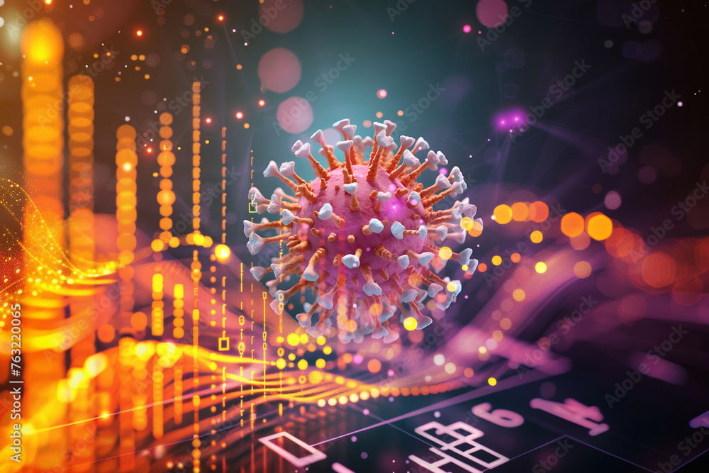 3d coronavirus model with data visualization graphs and figures, modern virus research with data mapping and big data - obrazy, fototapety, plakaty 