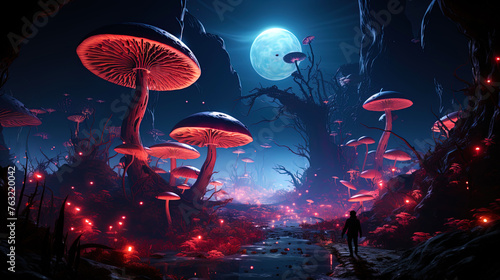 An alien world with giant mushrooms and plants, like a garden of utopia in lifeless spac
