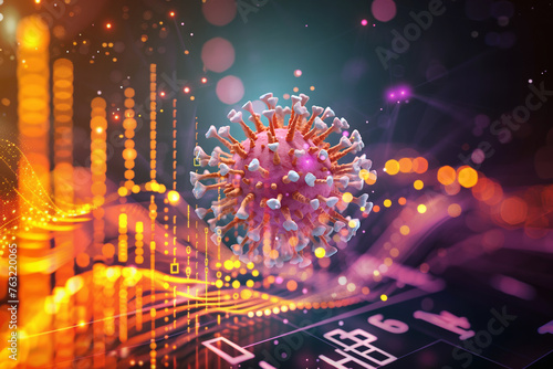3d coronavirus model with data visualization graphs and figures, modern virus research with data mapping and big data