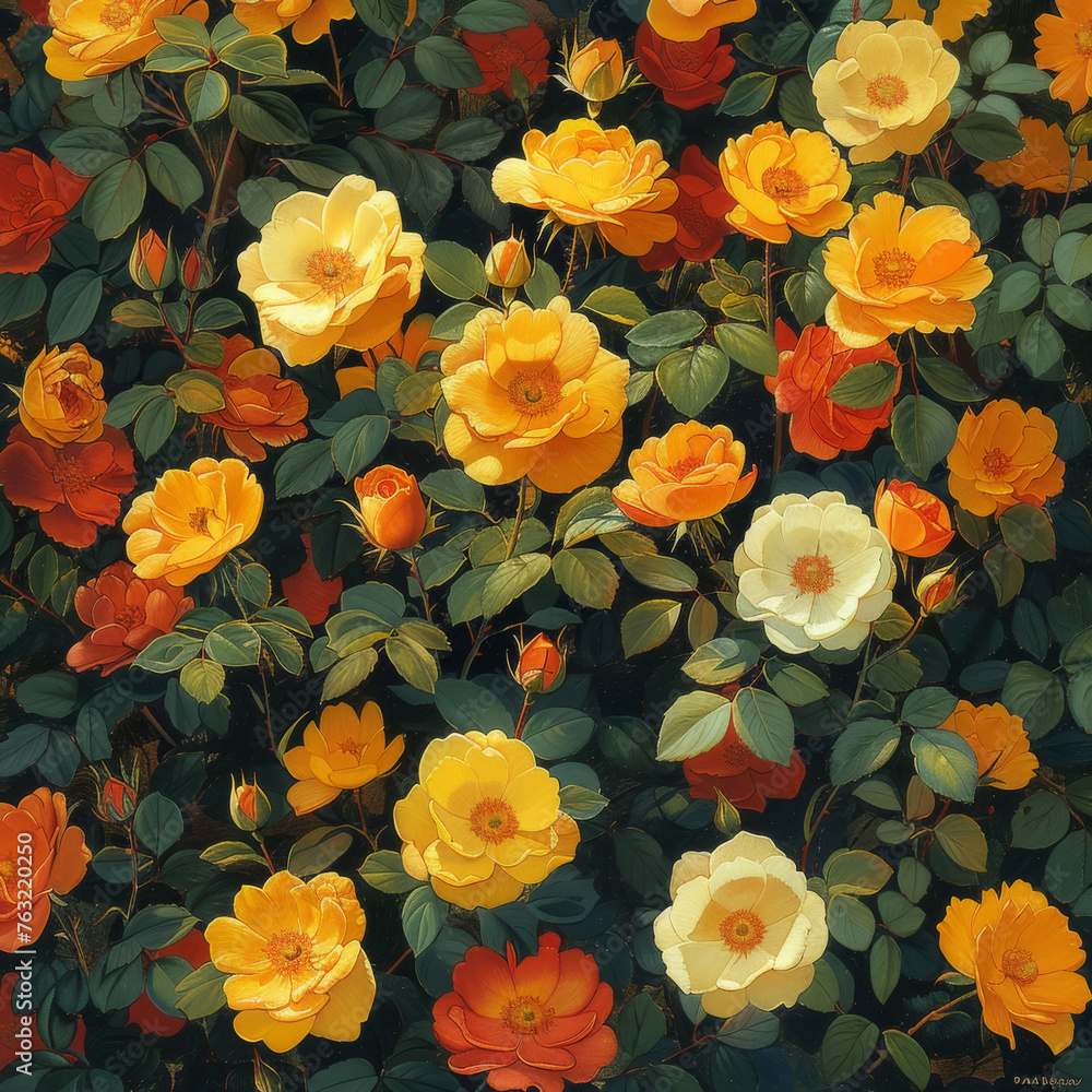 A lively textured background of orange and bright yellow roses,