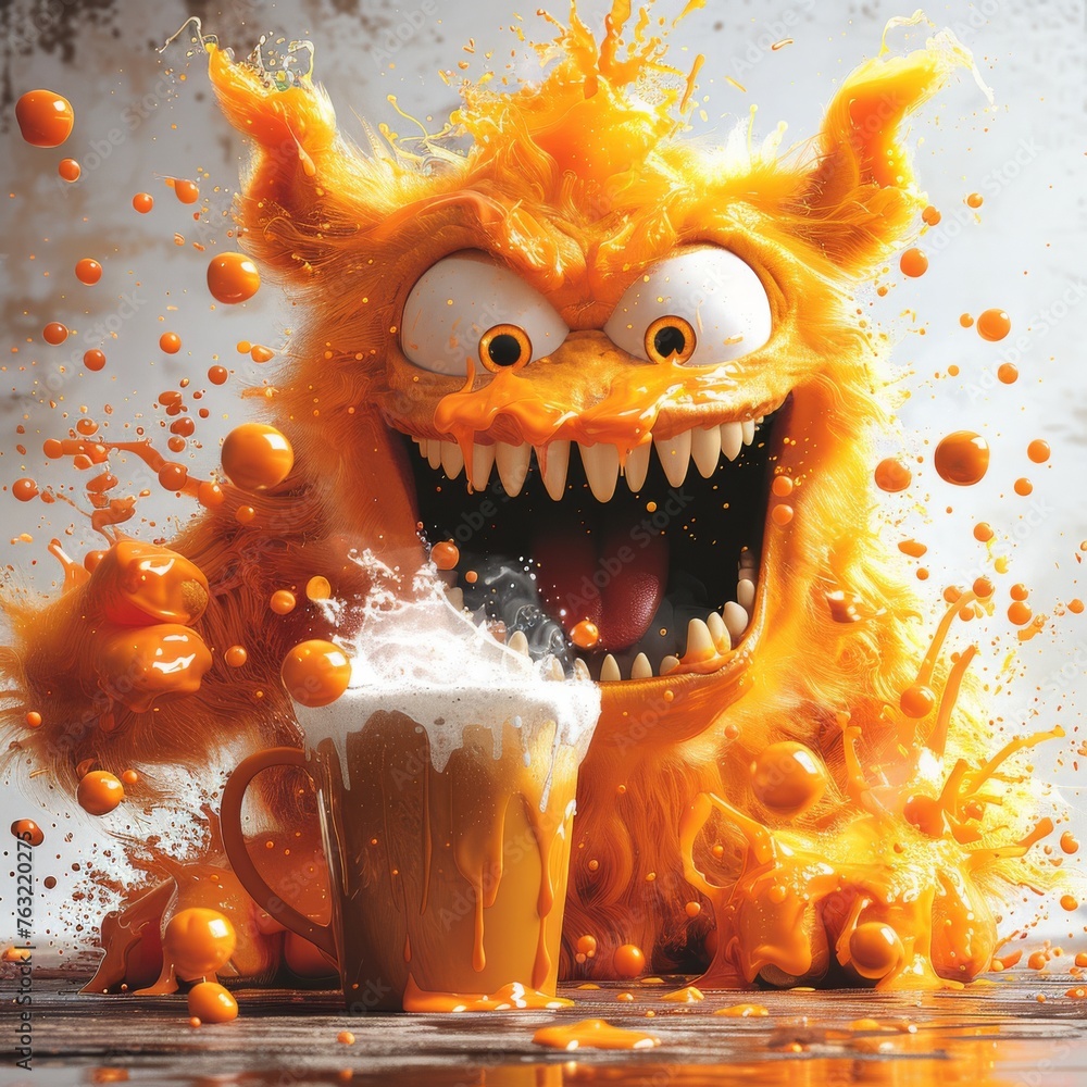 Naklejka premium A playful monster with coffee-induced energy, bouncing around with a steaming cup, spreading cheer and vitality