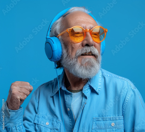 A happy hippie and cool grandfather, original style and tattoos, wearing headphones enjoying music, pointing his fingers up. Active and fun lifestyle concept for seniors