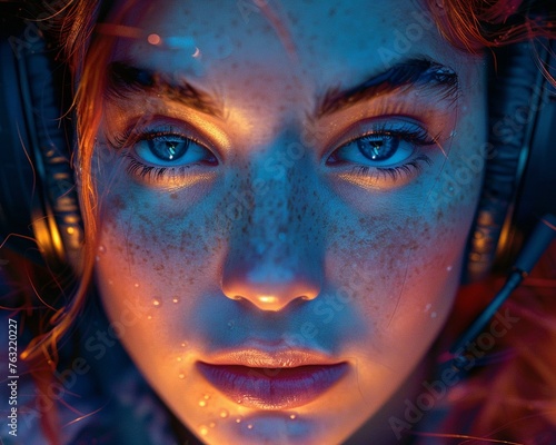 Create a visually striking close-up of a characters face immersed in emotion while listening to music Illustrate the deep connection between sound design and the viewers emotional  photo