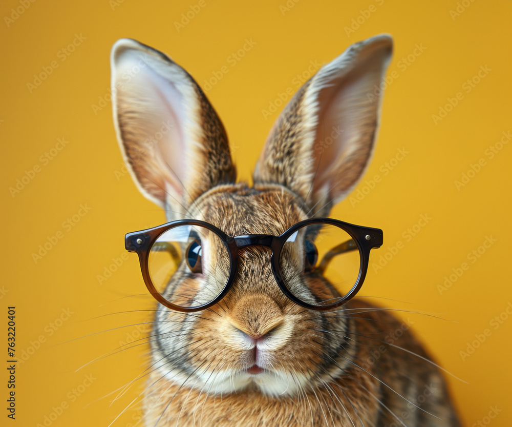 Animated rabbit with round tinted glasses on a mustard yellow background