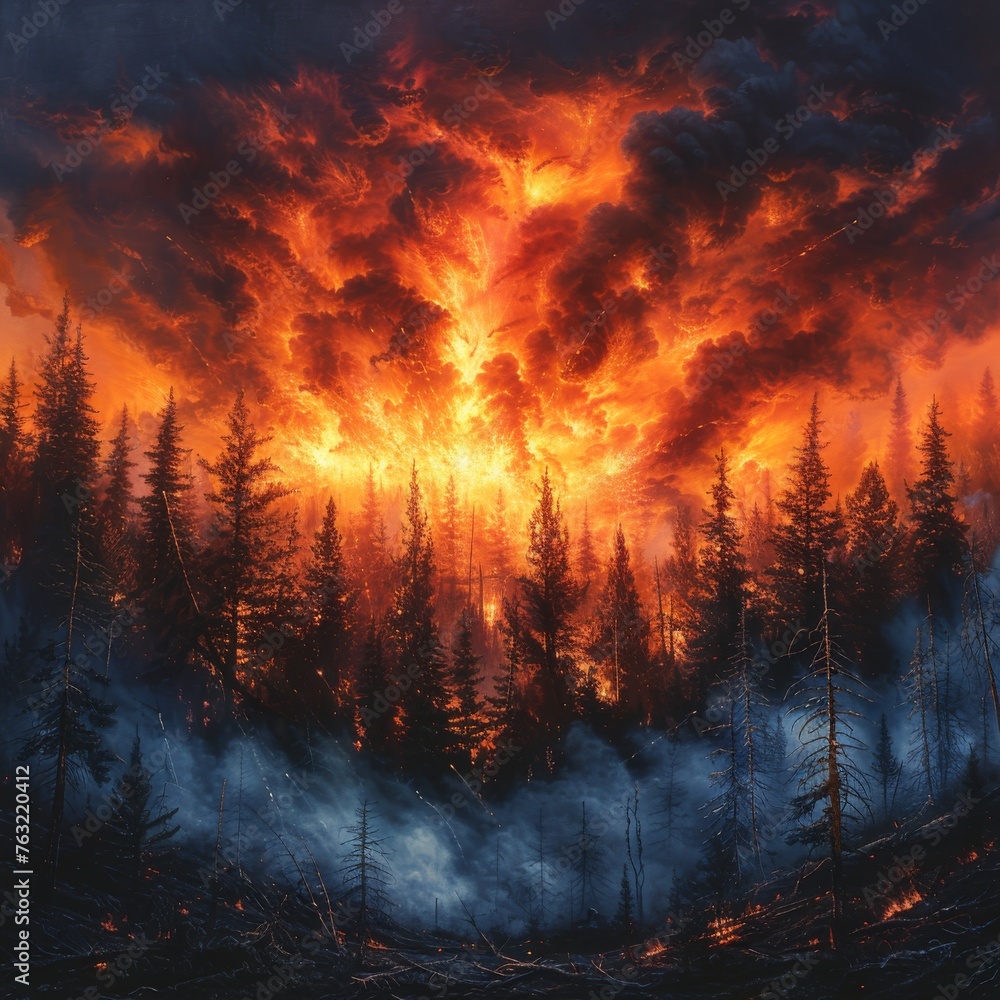 Artistic depiction of a night sky aglow with wildfire, serving as a call to action for forest conservation and awareness efforts
