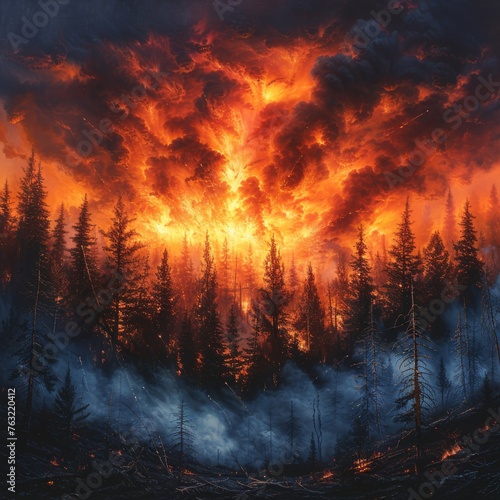 Artistic depiction of a night sky aglow with wildfire, serving as a call to action for forest conservation and awareness efforts