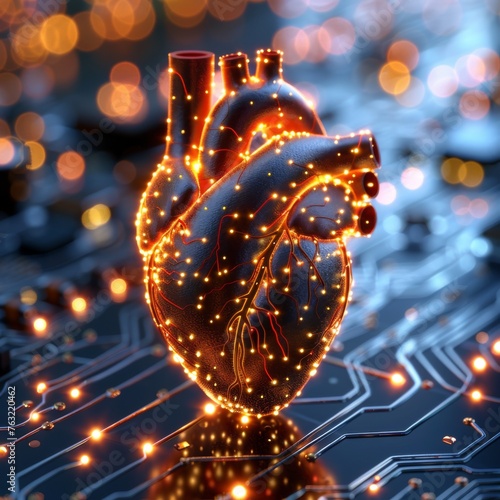 Artistic rendering of a powerful, luminous heart integrated within a circuit board, highlighting the synergy between technology and the essence of life