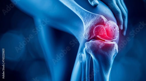 Human knee joint and leg in x-ray on blue background photo