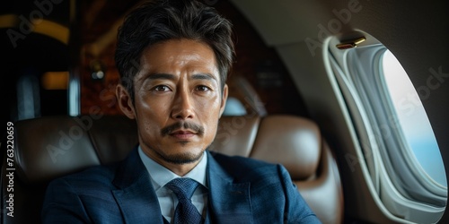 A thoughtful Japanese businessman in a luxurious private plane, pondering success and safety.