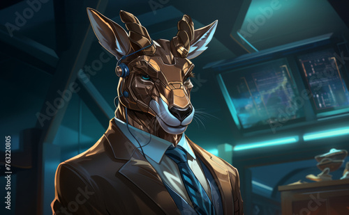 Elegant deer in a sharp business suit, amidst a vivid cyberpunk city scene