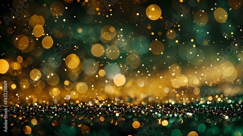 Abstract gold and green glitter bokeh lights background for festive holiday celebrations. Concept Festive Decor  Holiday Celebration  Abstract Background  Gold and Green Glitter  Bokeh Lights