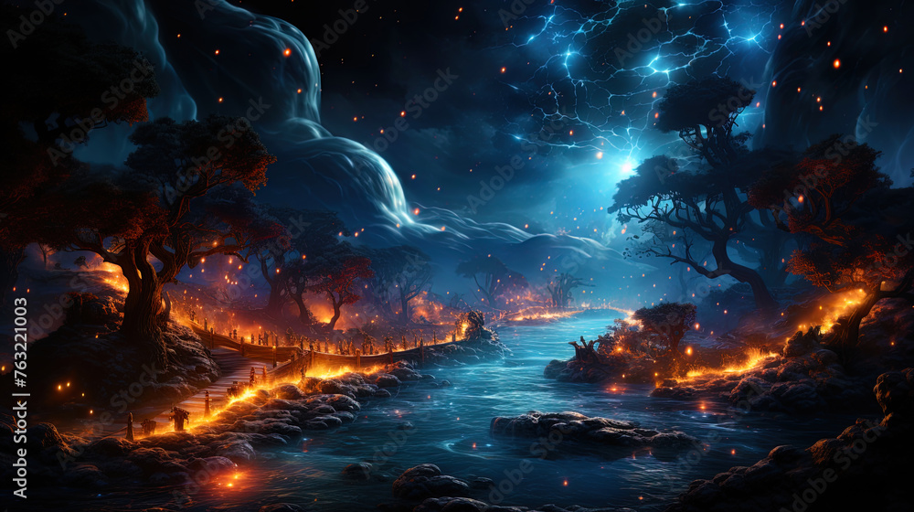 Fototapeta premium Azure magic rivers flowing through the expanses of the cosmos, like the life paths of the unive