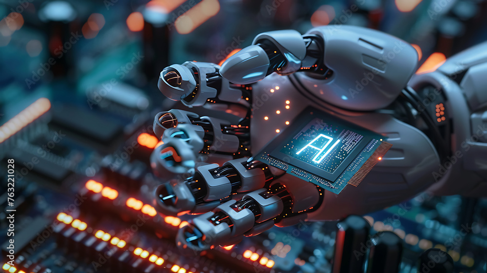 AI humanoid hand holding AI Logo on microchip hologram, Future cybernetic artificial intelligence technology concept. Generative Ai AI humanoid hand holding AI Logo on microchip hologram, Future cybernetic artificial intelligence technology concept. Generative Ai