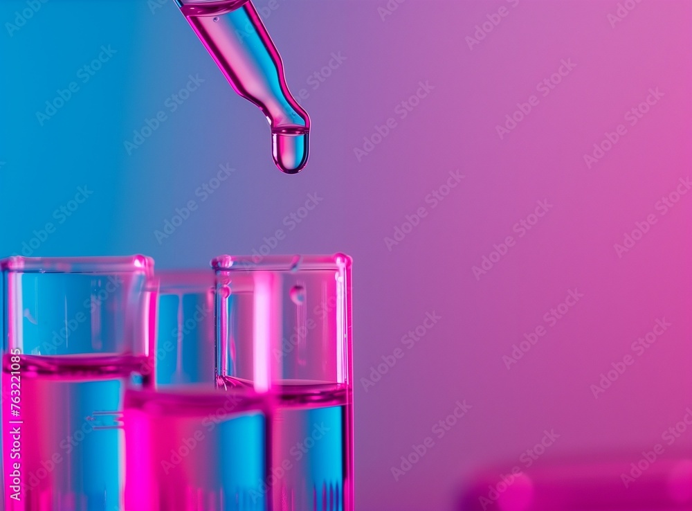 Test tube row. Concept of medical or science laboratory, liquid drop droplet with dropper in colorful tone background, close up, macro photography picture.