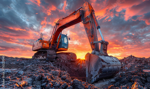 Excavating machinery at the construction site, sunset in background.