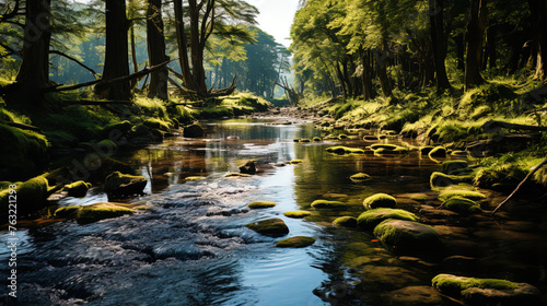 A calm cascading stream shimmered in the sun, like a peaceful spirit, lit by the light of h