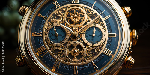 A clock with an engraved dial and golden accents, giving the image a luxurious and exquisite l