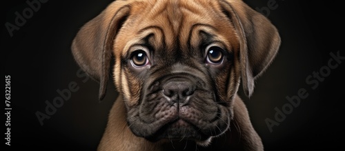 A closeup shot of a fawn Bulldog, a carnivorous dog breed in the Sporting Group, with wrinkles on its snout, biting the camera against a black background