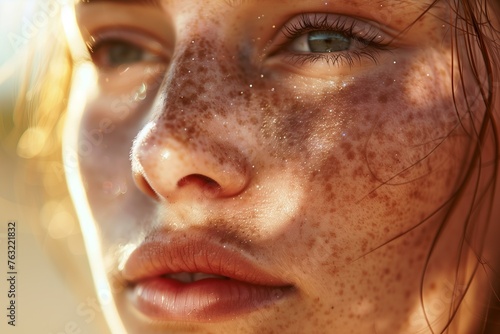 Close up of dewy summer skin with freckles, glowing and natural, warm sunlight and soft skin tones
