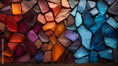 A mosaic of bricks, in which each element has its own shade and a unique pattern, like pieces of