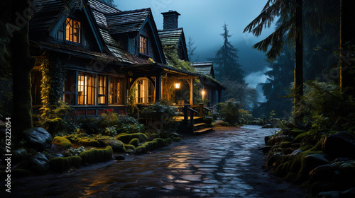 A mysterious house, with windows illuminated by moonlight, like a place where fairy tales come t