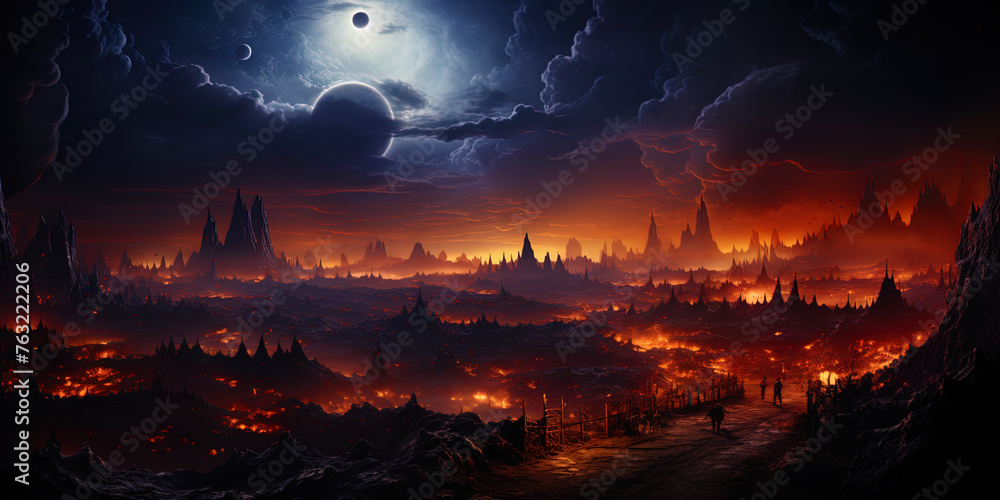 A planet with glowing volcanoes and streams of molten lava, like a hell of a vent in the heart o