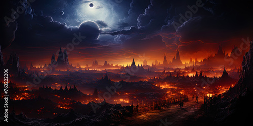 A planet with glowing volcanoes and streams of molten lava, like a hell of a vent in the heart o