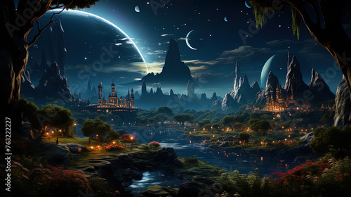 A planet with space gardens and exotic animals, like a utopia in cosmic realit © JVLMediaUHD