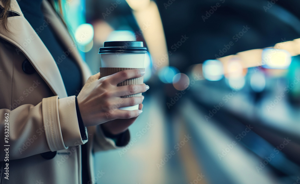 Woman holding a paper coffee cup waiting in the subway station.