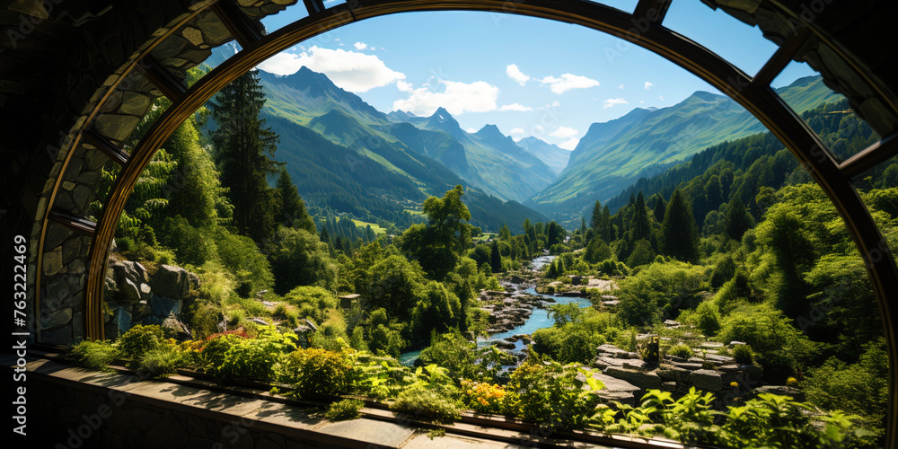 A stunning bridge crowning the green peaks of the mountains, like a stained glass window in t - obrazy, fototapety, plakaty 