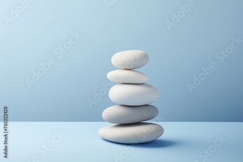 a stack of rocks on a blue surface