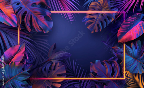 Colorful tropical leaves with neon frame  © Curioso.Photography