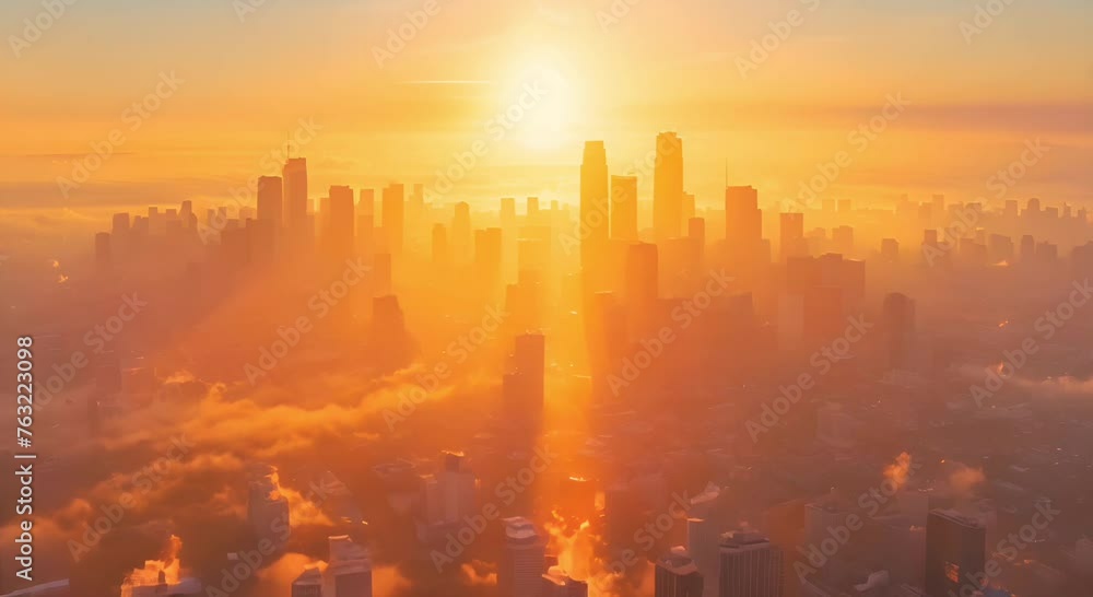 Smog-filled city skyline, showcasing air pollution's impact on urban areas in sunrise time Smog-filled city skyline, showcasing air pollution's impact on urban areas in sunrise time