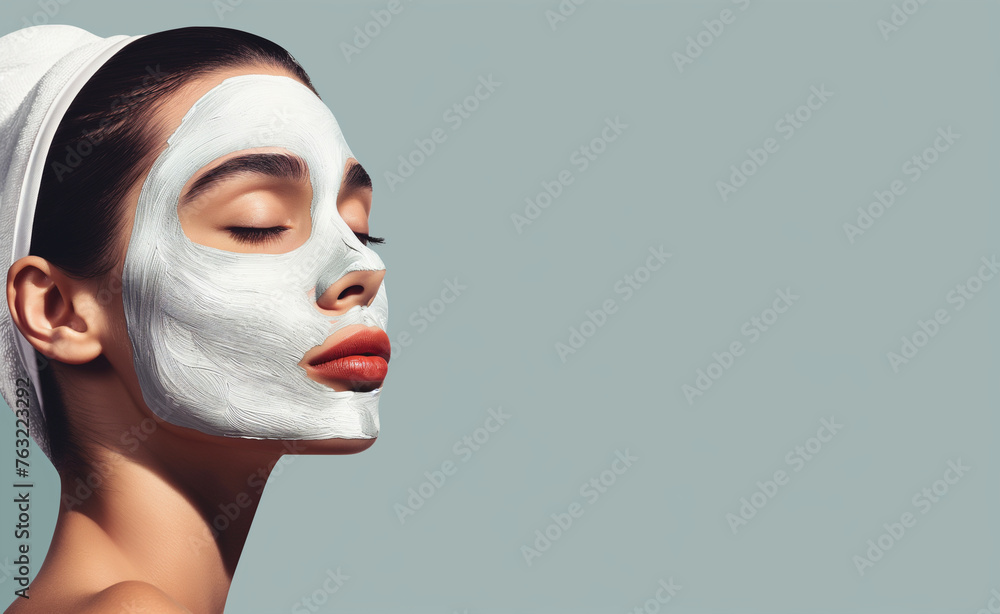 A woman with a white facial mask, eyes closed, in a serene and calm pose against a grey background. A woman with a white facial mask, eyes closed, in a serene and calm pose against a grey background.