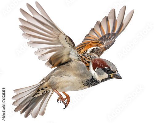 Bird or sparrow in flying isolated on white photo