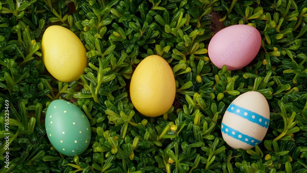 Playful Easter Eggs hidden among lush foliage for an Easter hunt