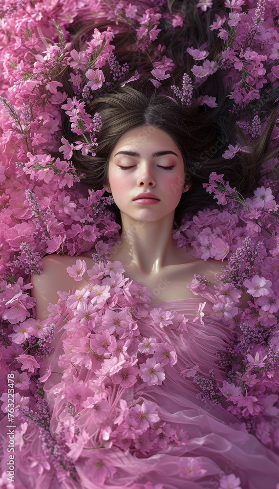 Woman enjoying peaceful moment in stunning pink flower field, reclining with head on the ground Woman enjoying peaceful moment in stunning pink flower field, reclining with head on the ground