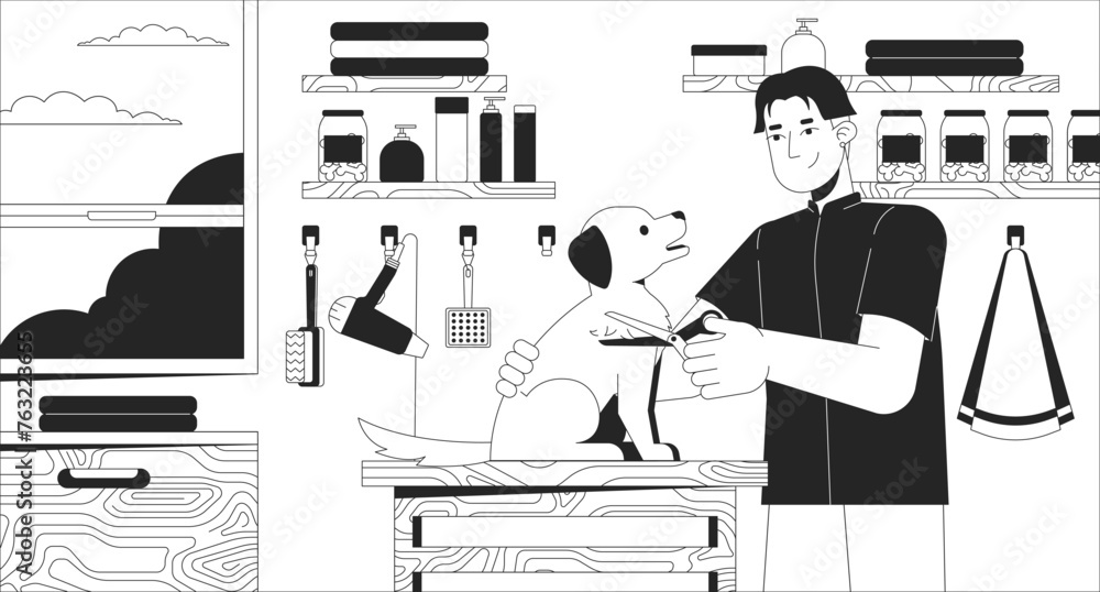 Dog grooming service black and white line illustration. Animal spa. Professional pet care small business 2D characters monochrome background. Private entrepreneurship work outline scene vector image Dog grooming service black and white line illustration. Animal spa. Professional pet care small business 2D characters monochrome background. Private entrepreneurship work outline scene vector image