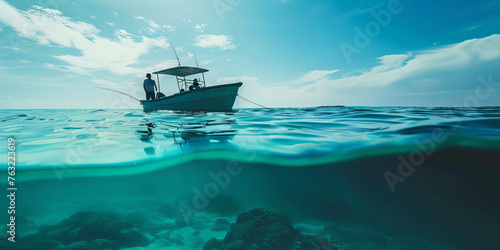 Photography of a fishing boat floating at the sea, a man on the boat is fishing, you can see inside the water