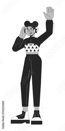 Black woman with headphones black and white 2D line cartoon character. Female melomaniac listening to track isolated vector outline person. Leisure music enjoying monochromatic flat spot illustration