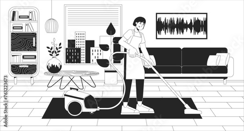 Cleaning services black and white line illustration. Help with housekeeping. Commercial chores. Small business work 2D character monochrome background. Living room hovering outline scene vector image
